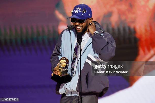 Kendrick Lamar accepts the Best Rap Album award for “Mr. Morale & The Big Steppers” onstage during the 65th GRAMMY Awards at Crypto.com Arena on...