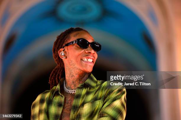 Wiz Khalifa performs during a race-break in the NASCAR Clash at the Coliseum at Los Angeles Memorial Coliseum on February 05, 2023 in Los Angeles,...