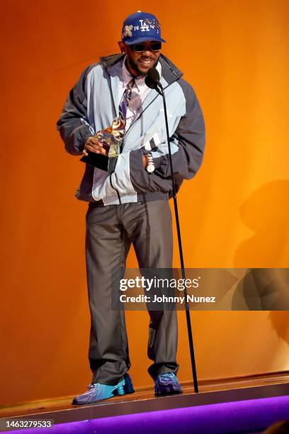 Kendrick Lamar accepts the Best Rap Album award for “Mr. Morale & The Big Steppers” onstage during the 65th GRAMMY Awards at Crypto.com Arena on...