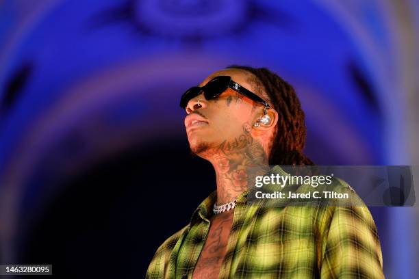 Wiz Khalifa performs during a race-break in the NASCAR Clash at the Coliseum at Los Angeles Memorial Coliseum on February 05, 2023 in Los Angeles,...