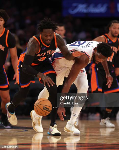 Julius Randle of the New York Knicks makes the steal from Joel Embiid of the Philadelphia 76ers in the second half at Madison Square Garden on...