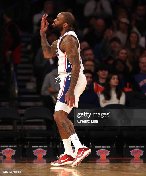 Tucker of the Philadelphia 76ers celebrates his three point shot in the second half against the New York Knicks at Madison Square Garden on February...