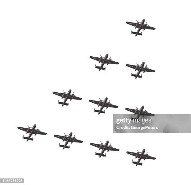 wwii bomber planes formation flying - plane white background stock illustrations
