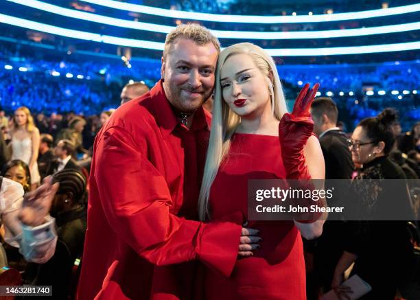 Sam Smith and Kim Petras seen during the 65th GRAMMY Awards at Crypto.com Arena on February 05, 2023 in Los Angeles, California.