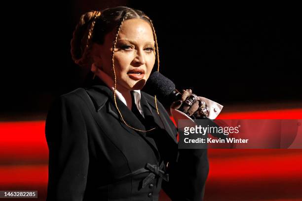 Madonna speaks onstage during the 65th GRAMMY Awards at Crypto.com Arena on February 05, 2023 in Los Angeles, California.