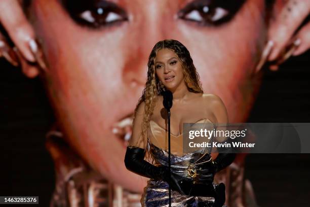 Beyoncé accepts the Best Dance/Electronic Music Album award for “Renaissance” onstage during the 65th GRAMMY Awards at Crypto.com Arena on February...