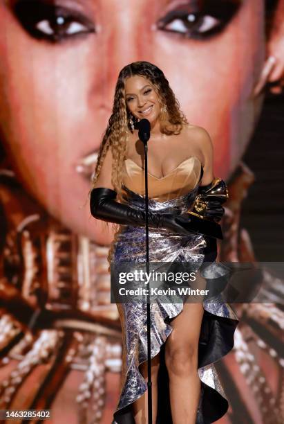 Beyoncé accepts the Best Dance/Electronic Music Album award for “Renaissance” onstage during the 65th GRAMMY Awards at Crypto.com Arena on February...