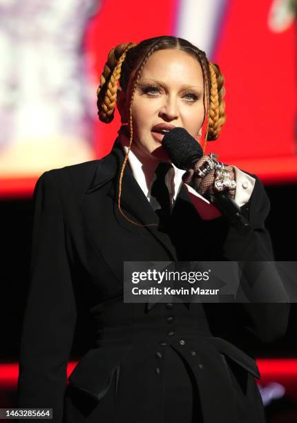 Madonna speaks onstage during the 65th GRAMMY Awards at Crypto.com Arena on February 05, 2023 in Los Angeles, California.