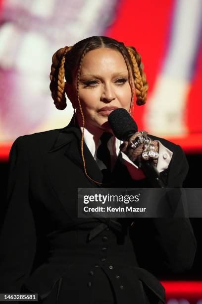 Madonna speaks onstage during the 65th GRAMMY Awards at Crypto.com Arena on February 05, 2023 in Los Angeles, California.