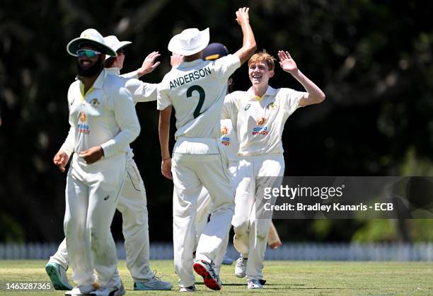 Callum Vidler of Australia celebrates taking the wicket of Dominic Kelly of England during day 1 of the Second Test match between Australia U19 and...