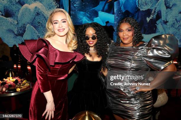 Adele, H.E.R. A Lizzo onstage during the 65th GRAMMY Awards at Crypto.com Arena on February 05, 2023 in Los Angeles, California.