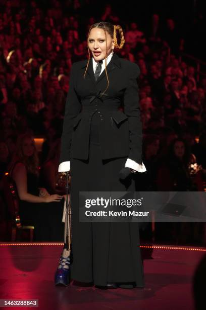 Madonna speaks onstage during the 65th GRAMMY Awards at Crypto.com Arena on February 05, 2023 in Los Angeles, California.