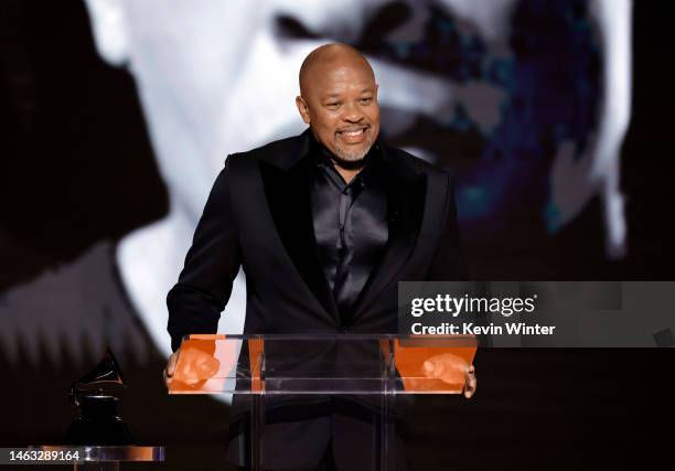 Dr. Dre accepts the Dr. Dre Global Impact Award onstage during the 65th GRAMMY Awards at Crypto.com Arena on February 05, 2023 in Los Angeles,...