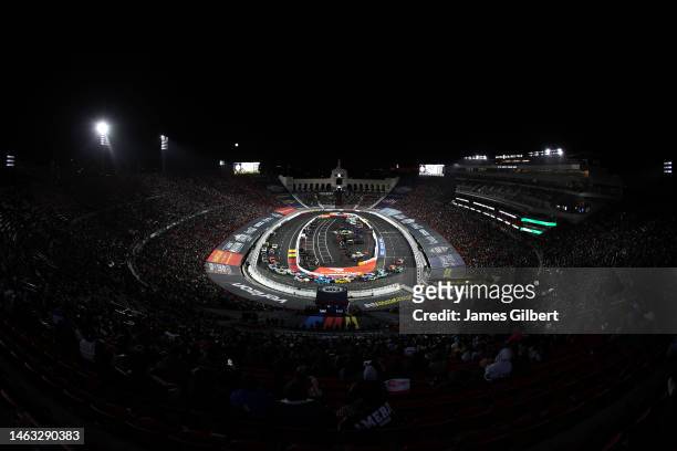 General view of racing during the NASCAR Clash at the Coliseum at Los Angeles Memorial Coliseum on February 05, 2023 in Los Angeles, California.