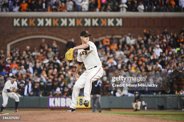 Matt Cain of the San Francisco Giants pitches during the game against the Houston Astros at AT&T Park on Wednesday, June 13, 2012 in San Francisco,...
