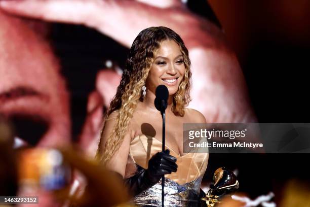 Beyoncé accepts Best Dance/Electronic Music Album for “Renaissance” onstage during the 65th GRAMMY Awards at Crypto.com Arena on February 05, 2023 in...
