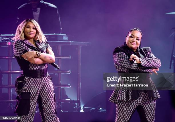Sandra Denton and Cheryl James of Salt-N-Pepa perform onstage during the 65th GRAMMY Awards at Crypto.com Arena on February 05, 2023 in Los Angeles,...