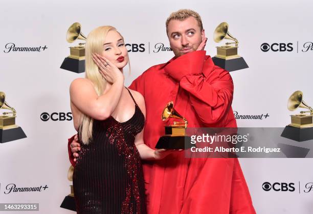 Kim Petras and Sam Smith pose with the Best Pop Duo/Group Performance award for "Unholy" in the press room during the 65th GRAMMY Awards at...