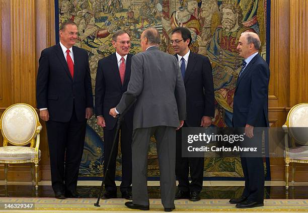 King Juan Carlos of Spain receives Director James L. Jones and President Jay L. Johnson of General Dynamics Corporation at Zarzuela Palace on June...