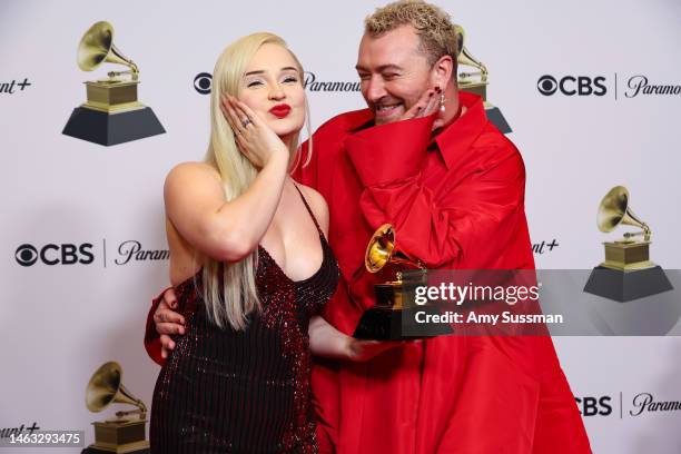 Sam Petras and Sam Smith winners of Best Pop Duo/Group Performance for "Unholy" pose in the press room during the 65th GRAMMY Awards at Crypto.com...