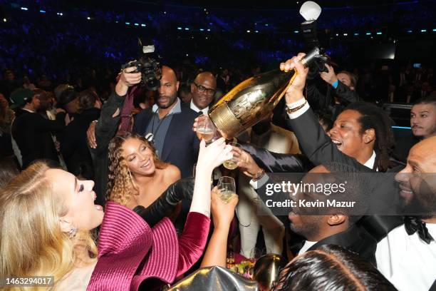 Adele, Beyoncé, Jay-Z, and Rich Paul attend the 65th GRAMMY Awards at Crypto.com Arena on February 05, 2023 in Los Angeles, California.