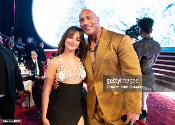 Camila Cabello and Dwayne Johnson seen during the 65th GRAMMY Awards at Crypto.com Arena on February 05, 2023 in Los Angeles, California.