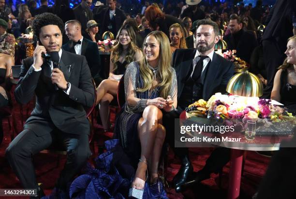 Trevor Noah, Jennifer Lopez, and Ben Affleck attend the 65th GRAMMY Awards at Crypto.com Arena on February 05, 2023 in Los Angeles, California.