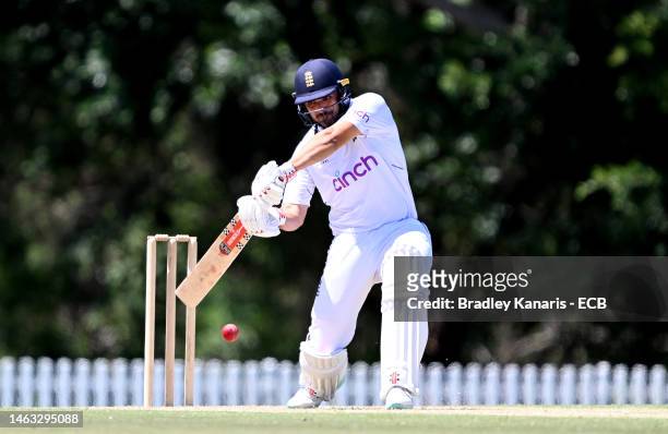 Dan Ibrahim of England plays a shot during day 1 of the Second Test match between Australia U19 and England U19 at Norths Cricket Club on February...