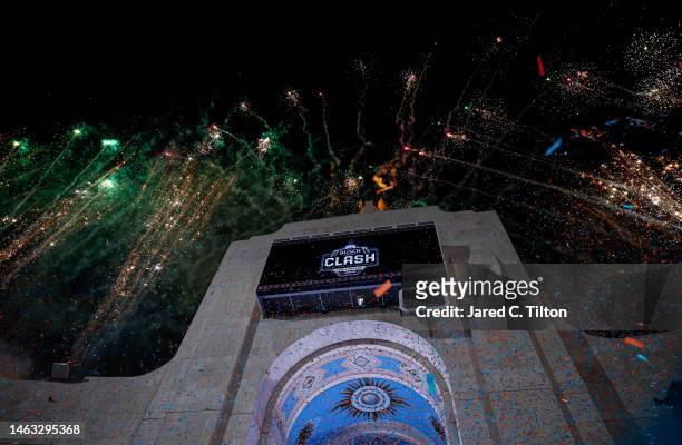 General view of fireworks after the conclusion of the NASCAR Clash at the Coliseum at Los Angeles Memorial Coliseum on February 05, 2023 in Los...