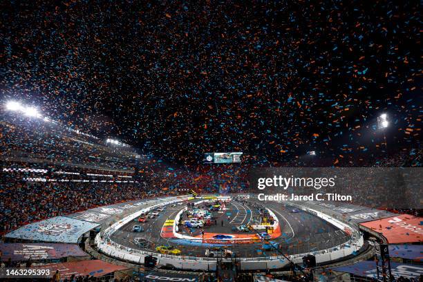 General view of confetti after the conclusion of the NASCAR Clash at the Coliseum at Los Angeles Memorial Coliseum on February 05, 2023 in Los...