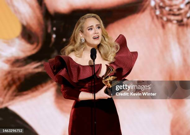 Adele accepts the Best Pop Solo Performance award for “Easy On Me” onstage during the 65th GRAMMY Awards at Crypto.com Arena on February 05, 2023 in...