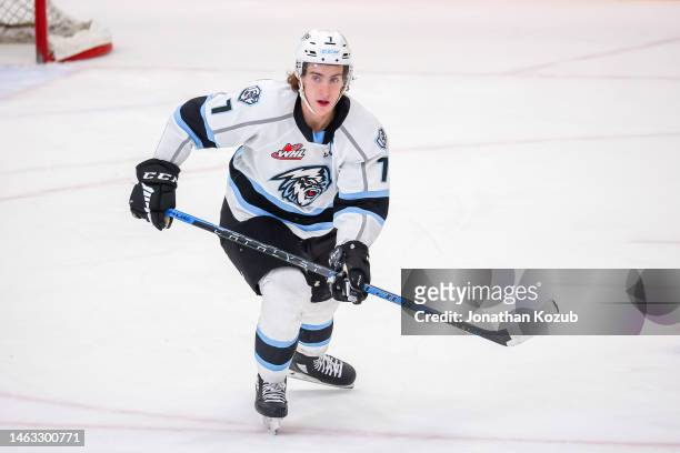 Carson Lambos of the Winnipeg ICE skates during third period action against the Portland Winterhawks at Wayne Fleming Arena on January 08, 2023 in...