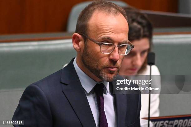 Party leader of the Australian Greens Adam Bandt during Question Time in the House of Representatives on February 06, 2023 in Canberra, Australia....