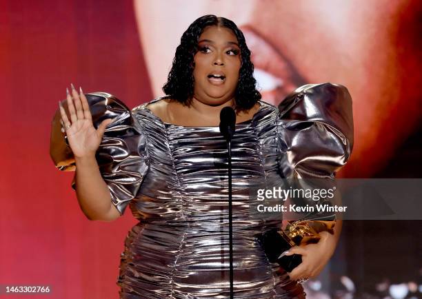 Lizzo accepts the Record Of The Year award for “About Damn Time” onstage during the 65th GRAMMY Awards at Crypto.com Arena on February 05, 2023 in...