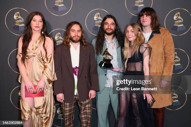 Wet Leg, winners for the Best Alternative Music Performance award for "Chaise Lounge" pose in the press room during the 65th GRAMMY Awards Premiere...