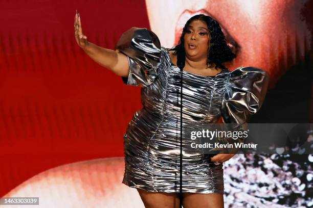 Lizzo accepts the Record Of The Year award for “About Damn Time” onstage during the 65th GRAMMY Awards at Crypto.com Arena on February 05, 2023 in...