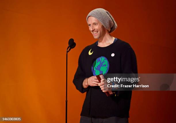 Chris Martin speaks onstage during the 65th GRAMMY Awards at Crypto.com Arena on February 05, 2023 in Los Angeles, California.