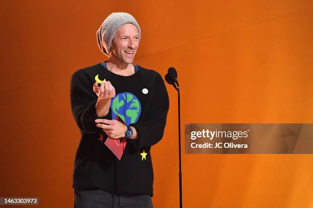 Chris Martin speaks onstage during the 65th GRAMMY Awards at Crypto.com Arena on February 05, 2023 in Los Angeles, California.