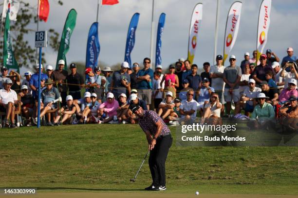 Brett Drewitt of Australia plays a shot on the 18th hole during the final round of The Panama Championship at Club de Golf de Panama on February 05,...