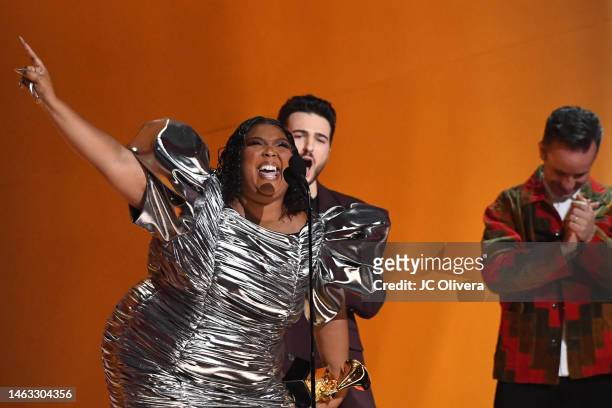 Lizzo accepts the Record Of The Year award for “About Damn Time” onstage during the 65th GRAMMY Awards at Crypto.com Arena on February 05, 2023 in...