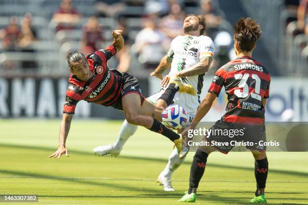 Gabriel Cleur of the Wanderers is challenged by United's Joshua Risdon during the round 15 A-League Men's match between Western Sydney Wanderers and...