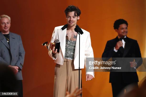 Harry Styles accepts the Album Of The Year award for “Harry's House” onstage during the 65th GRAMMY Awards at Crypto.com Arena on February 05, 2023...
