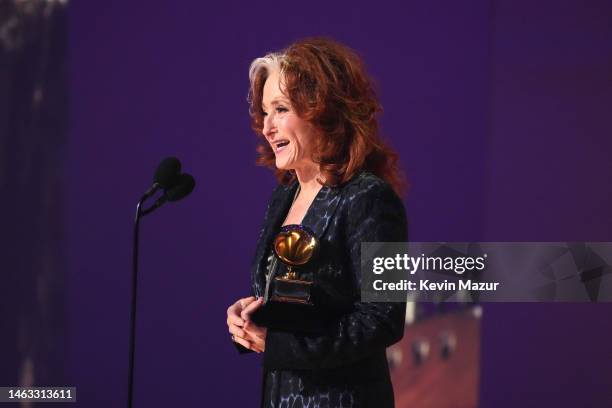 Bonnie Raitt accepts Song of the Year for “Just Like That” onstage during the 65th GRAMMY Awards at Crypto.com Arena on February 05, 2023 in Los...