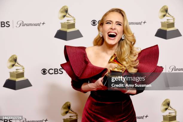 Adele winner of Best Pop Solo Performance for "Easy on Me" poses in the press room during the 65th GRAMMY Awards at Crypto.com Arena on February 05,...