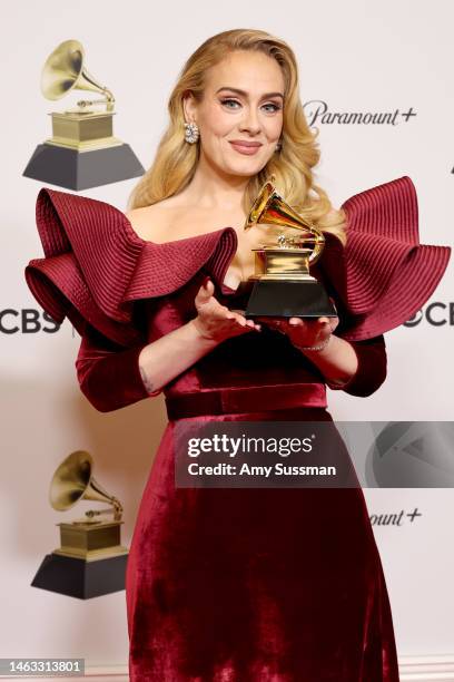 Adele winner of Best Pop Solo Performance for "Easy on Me" poses in the press room during the 65th GRAMMY Awards at Crypto.com Arena on February 05,...