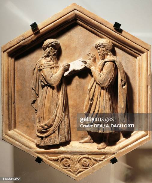 Florence, Museo Dell'Opera Di Santa Maria Del Fiore Pythagoras and Euclid by Luca della Robbia , marble tile.