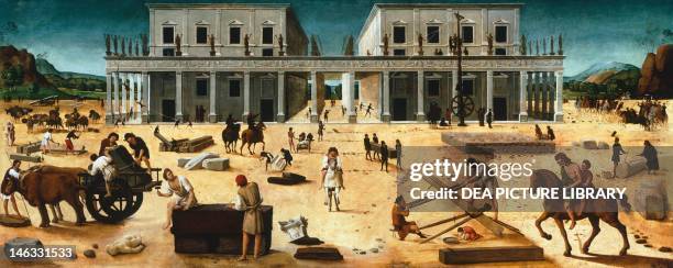 Sarasota, John And Mable Ringling Museum Of Art The construction of a building, 1515-1520, by Piero di Cosimo , oil on panel, 82.55 x196.85 cm.