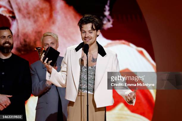 Kid Harpoon and Harry Styles accept the Album Of The Year award for “Harry's House” onstage during the 65th GRAMMY Awards at Crypto.com Arena on...