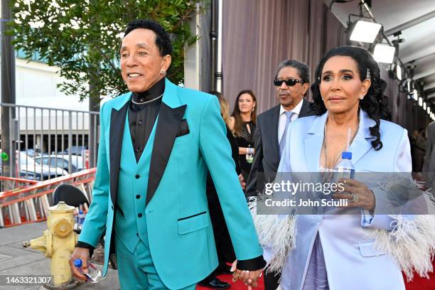 Smokey Robinson and Frances Glandney attend the 65th GRAMMY Awards with FIJI Water at the 65th GRAMMY Awards on February 05, 2023 in Los Angeles,...