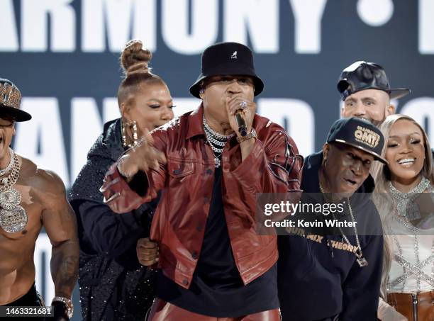 Queen Latifah, LL Cool J, Grandmaster Flash, and GloRilla peform onstage during the 65th GRAMMY Awards at Crypto.com Arena on February 05, 2023 in...